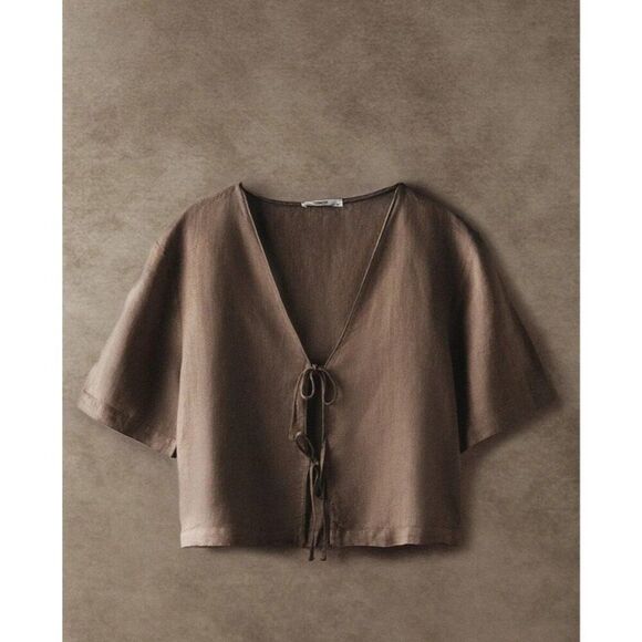 Zara Home Womens Blouse S Small Brown Linen Blend Bow Short Sleeve 4114/579 NWT - Picture 1 of 11